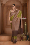 Festive Edit! Ganga Ghat ~ Handloom Pure Silk Chiffon Georgette Saree in Leaf Green and Brown (Silk Mark Certified) - verymuchindian.com