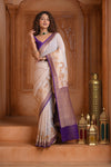 Festive Edit! Ganga Ghat ~ Handloom Pure Silk Chiffon Georgette Saree in Pearl White and Purple ( Silk Mark Certified) - verymuchindian.com