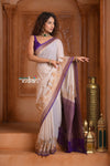 Festive Edit! Ganga Ghat ~ Handloom Pure Silk Chiffon Georgette Saree in Pearl White and Purple ( Silk Mark Certified) - verymuchindian.com