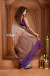 Festive Edit! Ganga Ghat ~ Handloom Pure Silk Chiffon Georgette Saree in Pearl White and Purple ( Silk Mark Certified) - verymuchindian.com