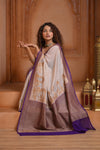 Festive Edit! Ganga Ghat ~ Handloom Pure Silk Chiffon Georgette Saree in Pearl White and Purple ( Silk Mark Certified) - verymuchindian.com