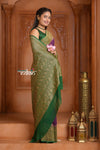 Festive Edit! Ganga Ghat ~ Handloom Pure Silk Chiffon Georgette Saree in Plum and Green ( Silk Mark Certified) - verymuchindian.com