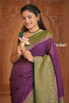 Festive Edit! Ganga Ghat ~ Handloom Pure Silk Chiffon Georgette Saree in Plum and Green ( Silk Mark Certified) - verymuchindian.com