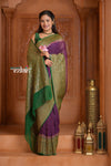 Festive Edit! Ganga Ghat ~ Handloom Pure Silk Chiffon Georgette Saree in Plum and Green ( Silk Mark Certified) - verymuchindian.com