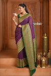 Festive Edit! Ganga Ghat ~ Handloom Pure Silk Chiffon Georgette Saree in Plum and Green ( Silk Mark Certified) - verymuchindian.com