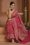 Festive Edit! Ganga Ghat ~ Handloom Pure Silk Chiffon Georgette Saree in Rani Pink ( Silk Mark Certified) - verymuchindian.com