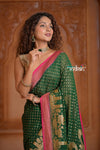 Festive Edit! Ganga Ghat ~ Handloom Pure Silk Chiffon Georgette Saree in Royal Green and Pink ( Silk Mark Certified) - verymuchindian.com