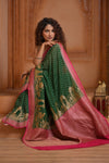 Festive Edit! Ganga Ghat ~ Handloom Pure Silk Chiffon Georgette Saree in Royal Green and Pink ( Silk Mark Certified) - verymuchindian.com