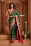 Festive Edit! Ganga Ghat ~ Handloom Pure Silk Chiffon Georgette Saree in Royal Green and Pink ( Silk Mark Certified) - verymuchindian.com