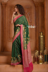 Festive Edit! Ganga Ghat ~ Handloom Pure Silk Chiffon Georgette Saree in Royal Green and Pink ( Silk Mark Certified) - verymuchindian.com