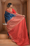 Festive Edit! Ganga Ghat ~ Handloom Pure Silk Chiniya Saree in Ivory Blue and Red ( Silk Mark Certified) - verymuchindian.com