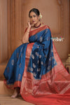 Festive Edit! Ganga Ghat ~ Handloom Pure Silk Chiniya Saree in Ivory Blue and Red ( Silk Mark Certified) - verymuchindian.com