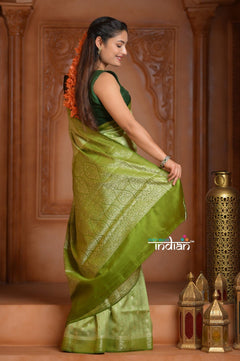 Festive Edit! Ganga Ghat ~ Handloom Pure Silk Chiniya Saree in Leaf Green ( Silk Mark Certified) - verymuchindian.com