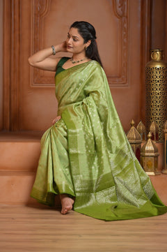 Festive Edit! Ganga Ghat ~ Handloom Pure Silk Chiniya Saree in Leaf Green ( Silk Mark Certified) - verymuchindian.com