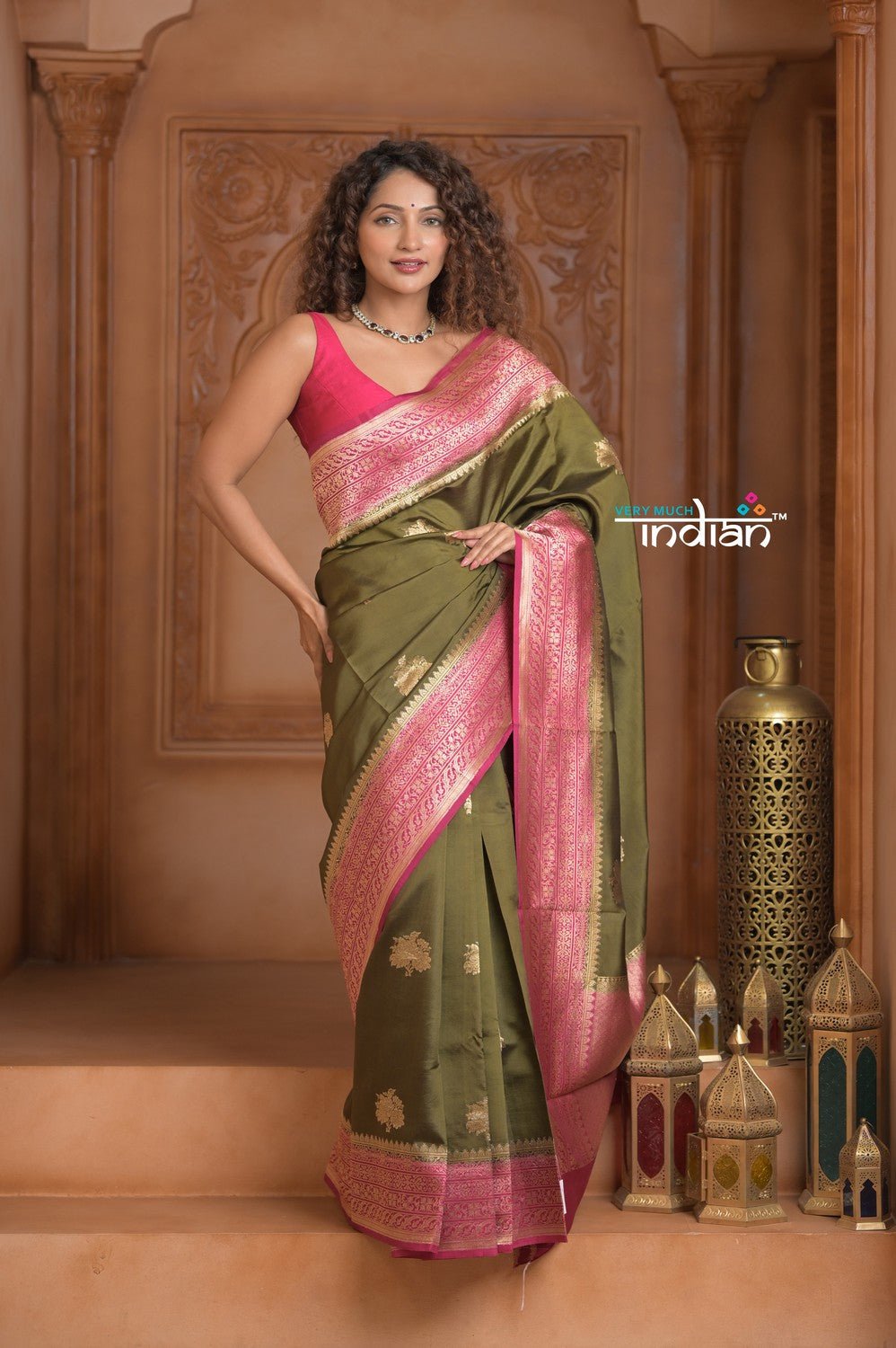 Festive Edit! Ganga Ghat ~ Handloom Pure Silk Chiniya Saree in Olive Green and Pink ( Silk Mark Certified) - verymuchindian.com
