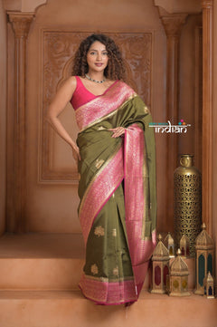 Festive Edit! Ganga Ghat ~ Handloom Pure Silk Chiniya Saree in Olive Green and Pink ( Silk Mark Certified) - verymuchindian.com