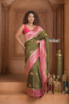 Festive Edit! Ganga Ghat ~ Handloom Pure Silk Chiniya Saree in Olive Green and Pink ( Silk Mark Certified) - verymuchindian.com