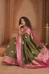 Festive Edit! Ganga Ghat ~ Handloom Pure Silk Chiniya Saree in Olive Green and Pink ( Silk Mark Certified) - verymuchindian.com