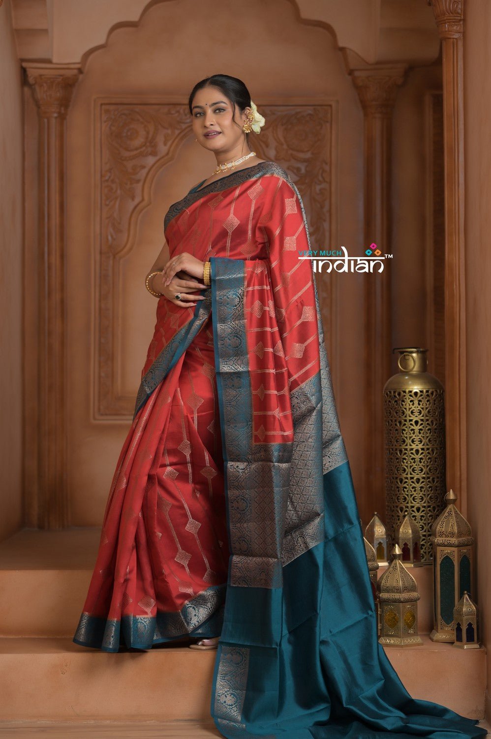 Festive Edit! Ganga Ghat ~ Handloom Pure Silk Chiniya Saree in Red and Ivory Blue ( Silk Mark Certified) - verymuchindian.com