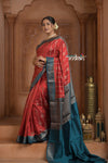 Festive Edit! Ganga Ghat ~ Handloom Pure Silk Chiniya Saree in Red and Ivory Blue ( Silk Mark Certified) - verymuchindian.com