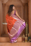 Festive Edit! Ganga Ghat ~ Handloom Pure Silk Chiniya Saree in Red and Lilac ( Silk Mark Certified) - verymuchindian.com