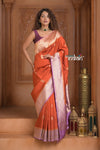 Festive Edit! Ganga Ghat ~ Handloom Pure Silk Chiniya Saree in Red and Lilac ( Silk Mark Certified) - verymuchindian.com