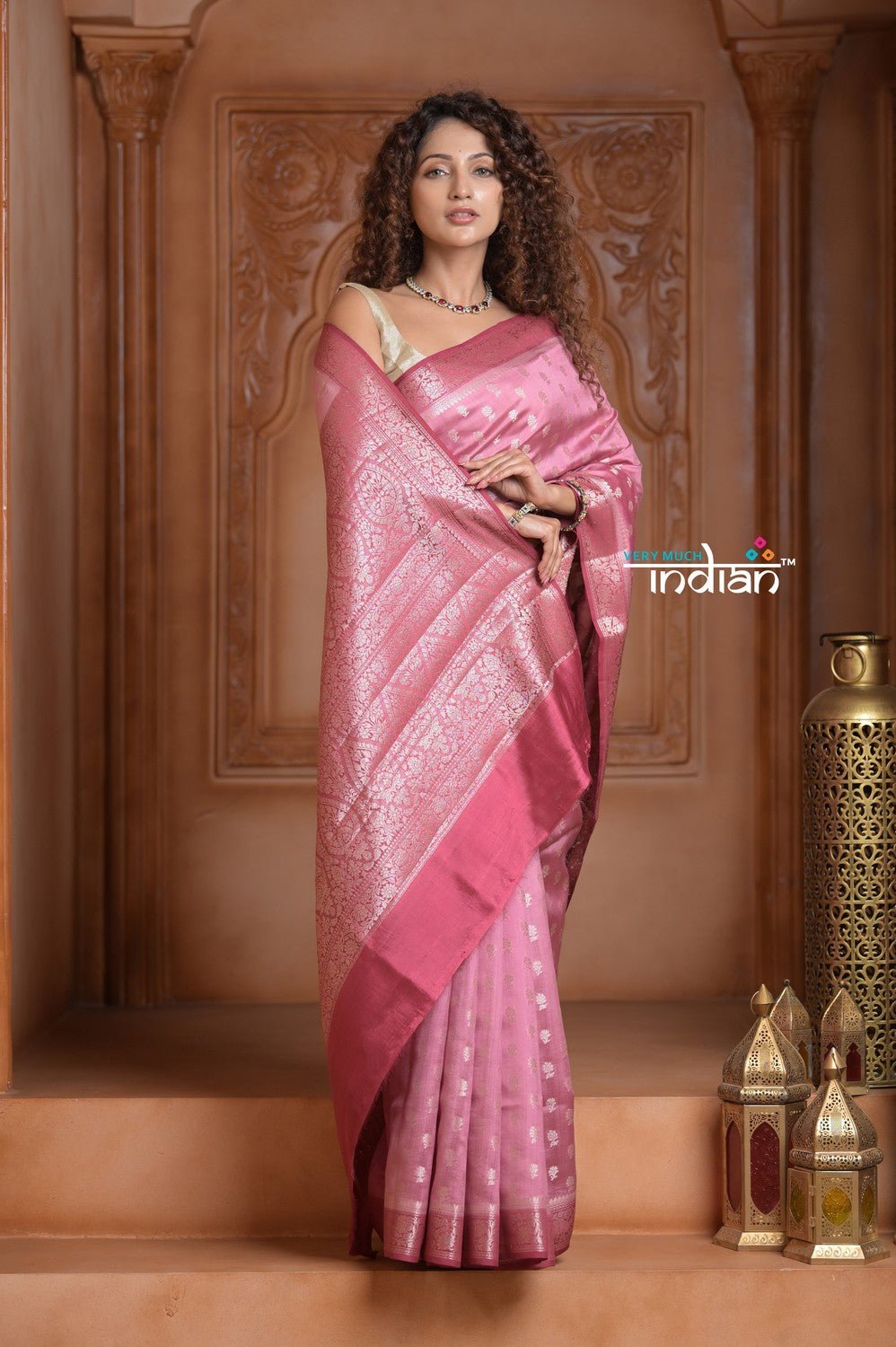 Festive Edit! Ganga Ghat ~ Handloom Pure Silk Chiniya Saree in Soft Pink (Silk Mark Certified) - verymuchindian.com