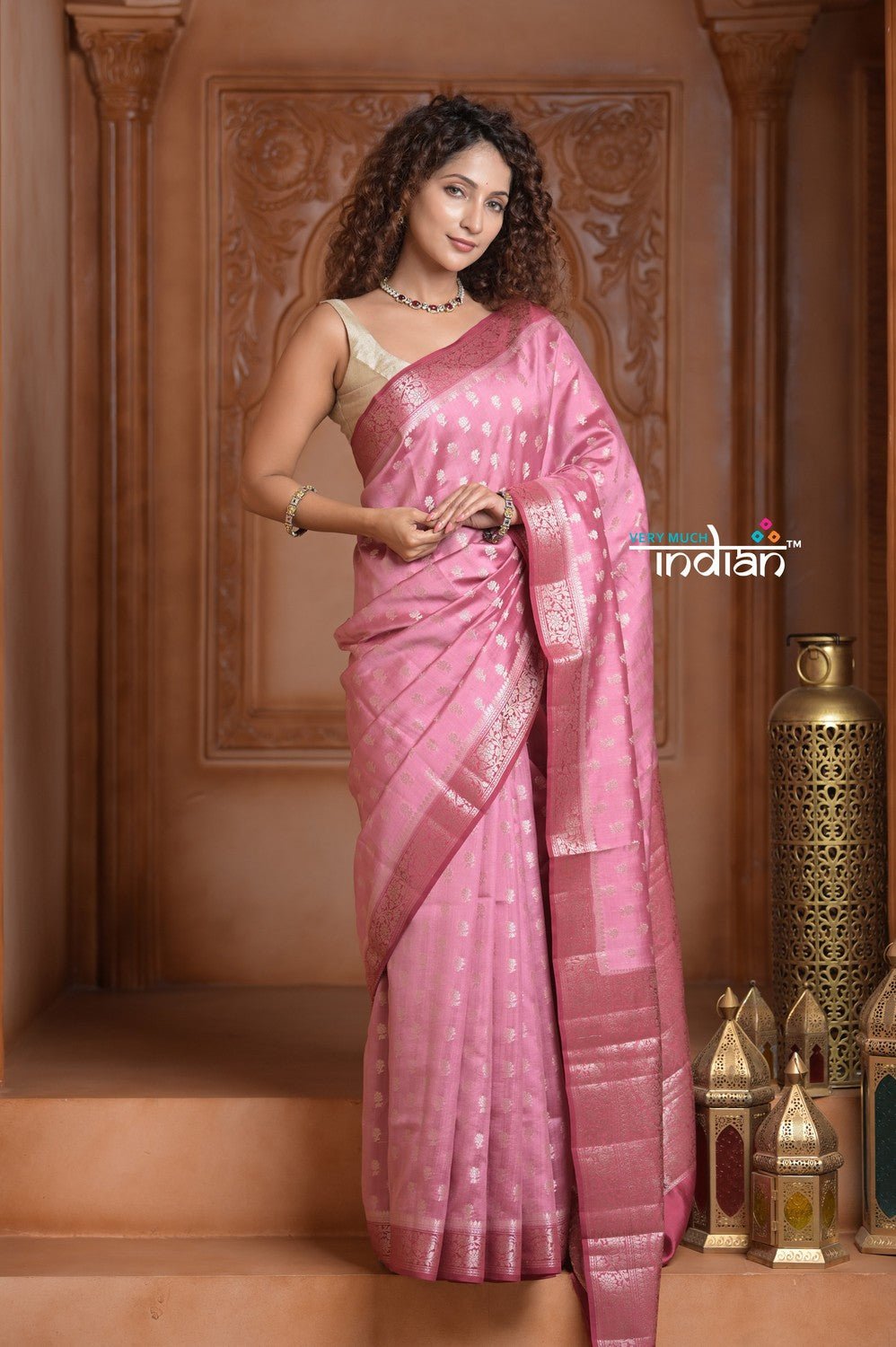 Festive Edit! Ganga Ghat ~ Handloom Pure Silk Chiniya Saree in Soft Pink (Silk Mark Certified) - verymuchindian.com