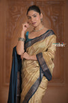 Festive Edit! Ganga Ghat ~ Handloom Pure Silk Chiniya Saree in Stale Ivory and Blue ( Silk Mark Certified) - verymuchindian.com