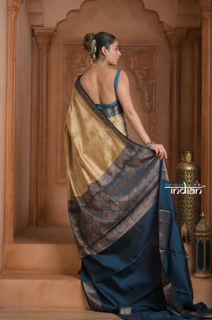 Festive Edit! Ganga Ghat ~ Handloom Pure Silk Chiniya Saree in Stale Ivory and Blue ( Silk Mark Certified) - verymuchindian.com
