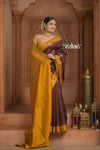 Festive Edit! Ganga Ghat ~ Handloom Pure Silk Chiniya Saree in Yellow and Brown ( Silk Mark Certified) - verymuchindian.com