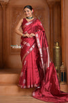 Festive Edit! Ganga Ghat ~ Handloom Pure Silk Katan Saree in Cherry Red ( Silk Mark Certified ) - verymuchindian.com