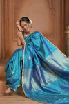 Festive Edit! Ganga Ghat ~ Handloom Pure Silk Katan Saree in Cyan Blue (Silk Mark Certified ) - verymuchindian.com