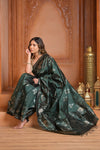 Festive Edit! Ganga Ghat ~ Handloom Pure Silk Katan Saree in Dark Forest Green ( Silk Mark Certified) - verymuchindian.com