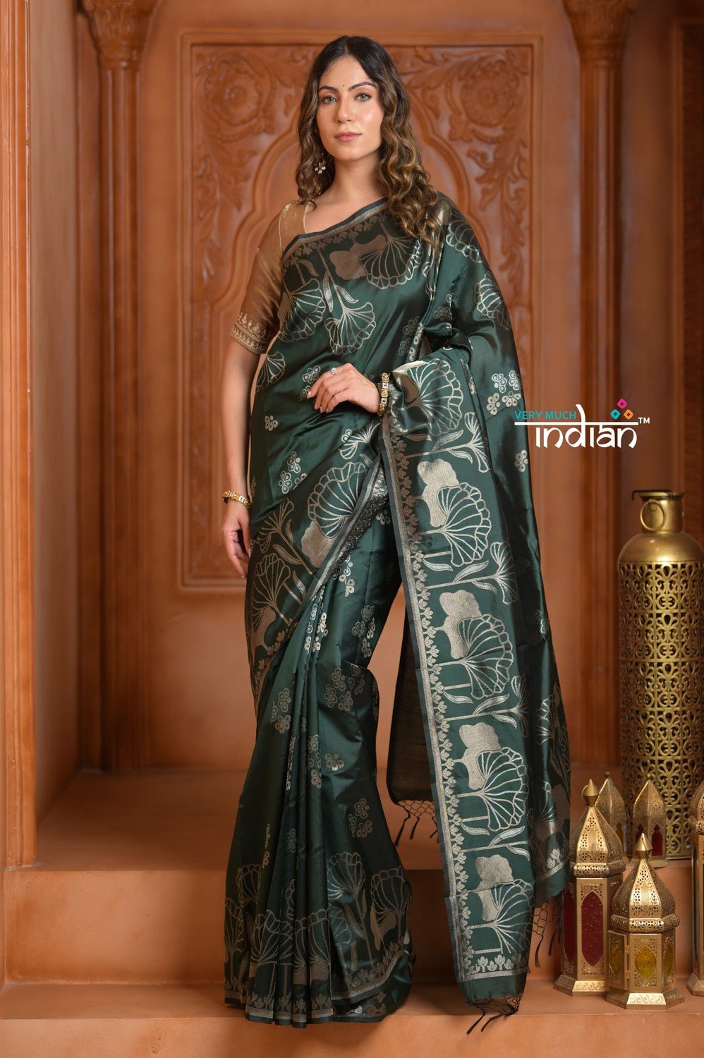 Festive Edit! Ganga Ghat ~ Handloom Pure Silk Katan Saree in Dark Forest Green ( Silk Mark Certified) - verymuchindian.com