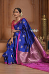 Festive Edit! Ganga Ghat ~ Handloom Pure Silk Katan Saree in Marine Blue and Pink (Silk Mark Certified ) - verymuchindian.com