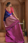 Festive Edit! Ganga Ghat ~ Handloom Pure Silk Katan Saree in Marine Blue and Pink (Silk Mark Certified ) - verymuchindian.com