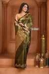 Festive Edit! Ganga Ghat ~ Handloom Pure Silk Katan Saree in Olive Green ( Silk Mark Certified ) - verymuchindian.com