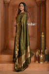 Festive Edit! Ganga Ghat ~ Handloom Pure Silk Katan Saree in Olive Green ( Silk Mark Certified ) - verymuchindian.com