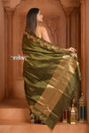 Festive Edit! Ganga Ghat ~ Handloom Pure Silk Katan Saree in Olive Green ( Silk Mark Certified ) - verymuchindian.com