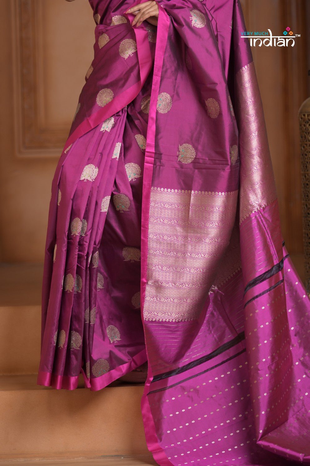 Festive Edit! Ganga Ghat ~ Handloom Pure Silk Katan Saree in Purple Pink (Silk Mark Certified ) - verymuchindian.com