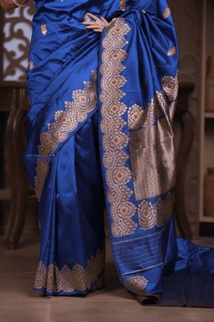 Festive Edit! Ganga Ghat ~ Handloom Pure Silk Katan Saree in Royal Blue (Silk Mark Certified) - verymuchindian.com