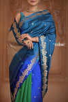 Festive Edit! Ganga Ghat ~ Handloom Pure Silk Katan Saree in Shades of Blue and Green (Silk Mark Certified ) - verymuchindian.com