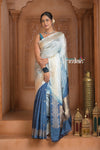 Festive Edit! Ganga Ghat ~ Handloom Pure Silk Katan Saree in Shades of Ivory and Blue (Silk Mark Certified ) - verymuchindian.com