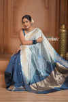 Festive Edit! Ganga Ghat ~ Handloom Pure Silk Katan Saree in Shades of Ivory and Blue (Silk Mark Certified ) - verymuchindian.com