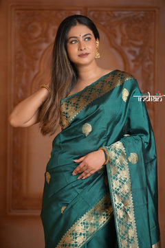 Festive Edit! Ganga Ghat ~ Handloom Pure Silk Katan Saree in Teal Blue ( Silk Mark Certified ) - verymuchindian.com