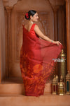 Festive Edit! Ganga Ghat ~ Handloom Pure Silk Kora Saree in Crimson Red with Floral Work (Silk Mark Certified) - verymuchindian.com