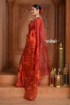 Festive Edit! Ganga Ghat ~ Handloom Pure Silk Kora Saree in Crimson Red with Floral Work (Silk Mark Certified) - verymuchindian.com