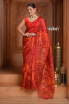 Festive Edit! Ganga Ghat ~ Handloom Pure Silk Kora Saree in Crimson Red with Floral Work (Silk Mark Certified) - verymuchindian.com