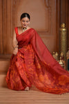 Festive Edit! Ganga Ghat ~ Handloom Pure Silk Kora Saree in Crimson Red with Floral Work (Silk Mark Certified) - verymuchindian.com